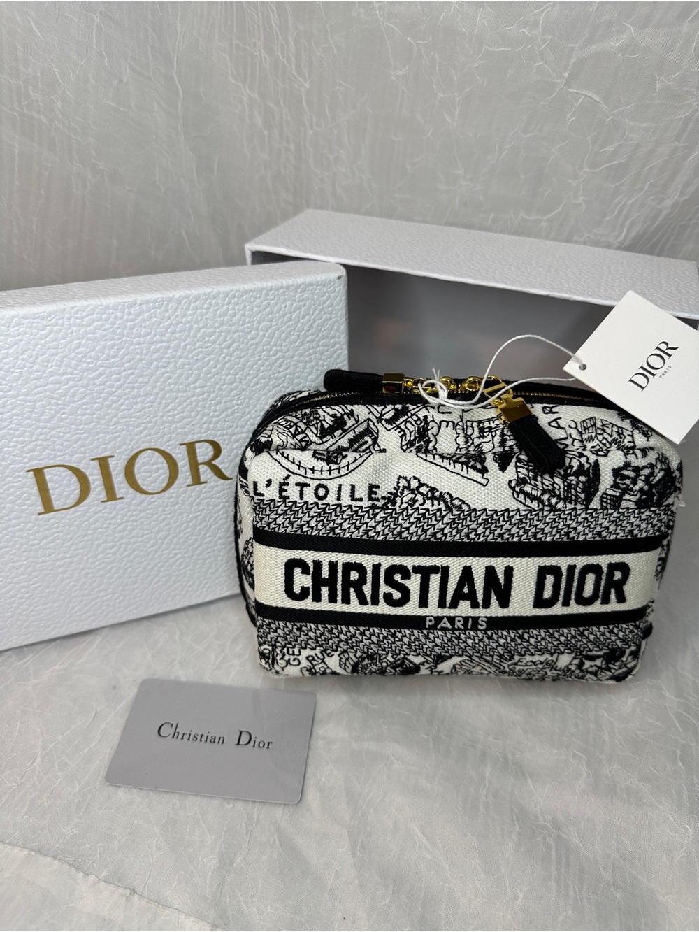 Dior Black and White Toile Zipper Pouch with Gold Hardware